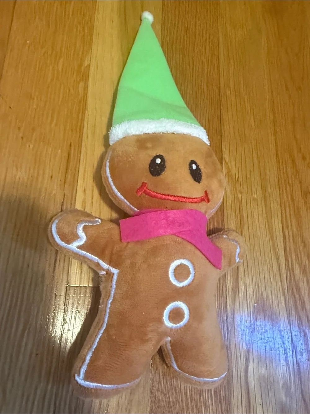 Plush Gingerbread Elf Toy with Green Hat & Pink Scarf